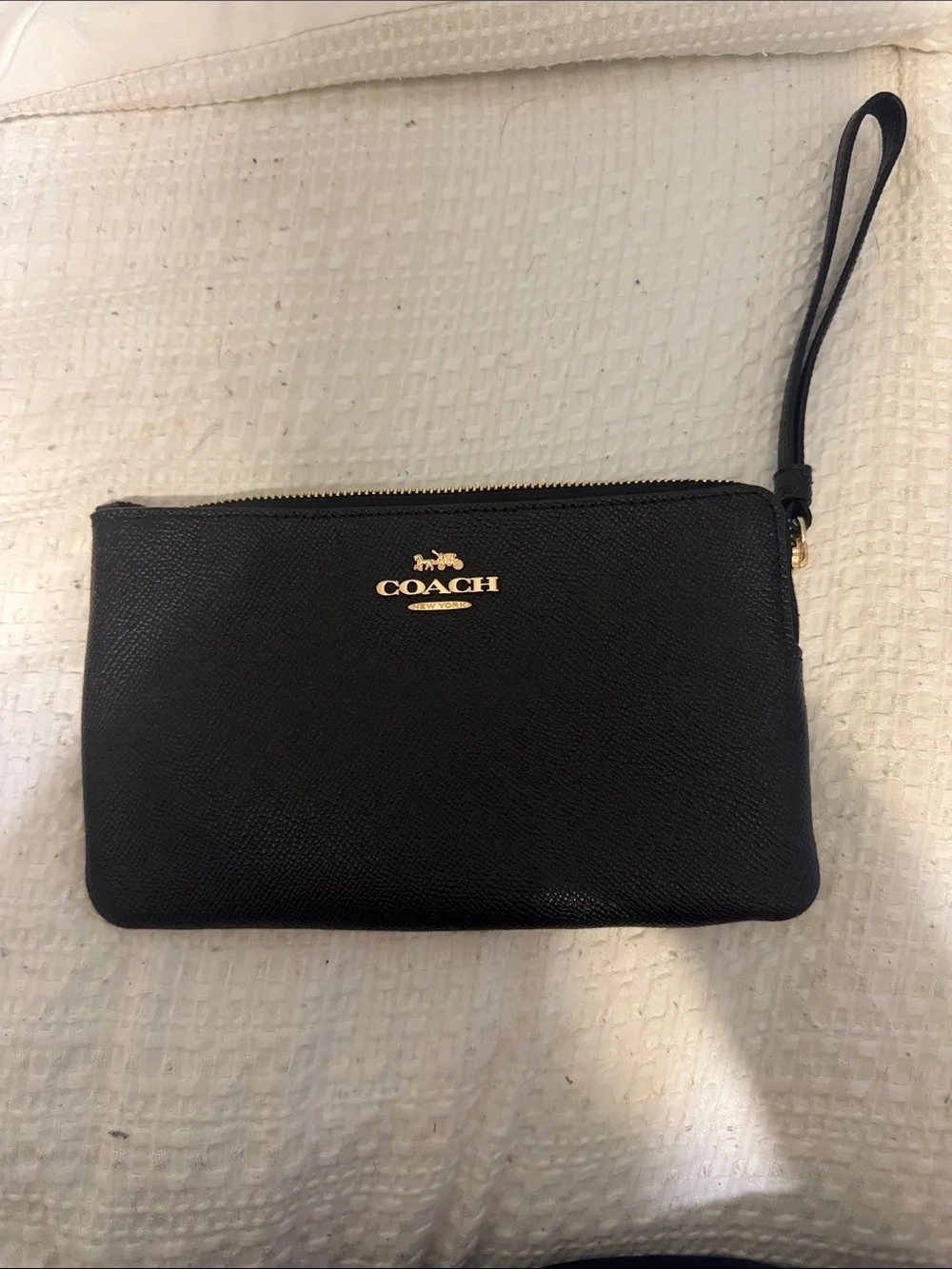 Coach Black Leather Zip Wristlet with Gold Logo